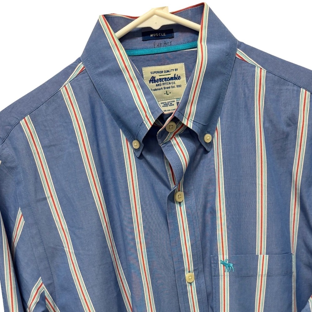 Abercrombie & Fitch Mens Muscle Fit Striped Button Down Shirt Blue Red Large